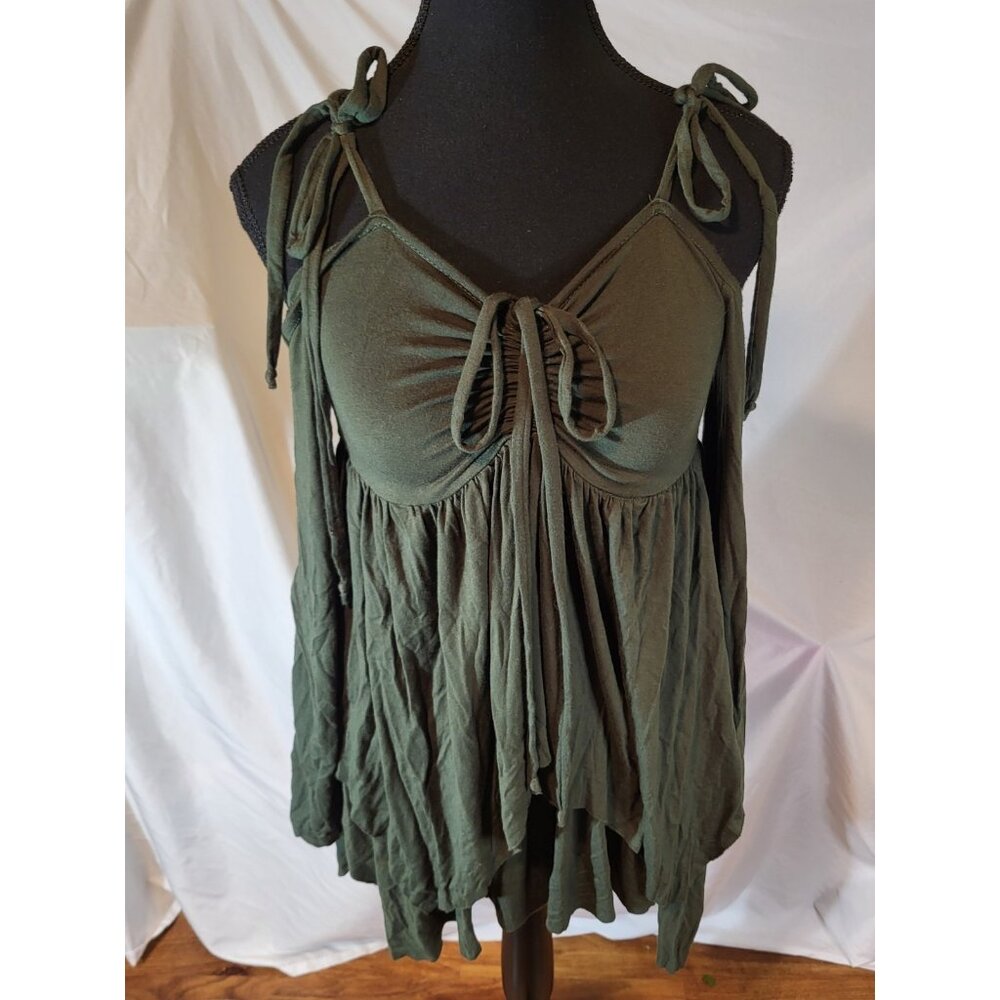 Thorn &‎ Fable Olive Green Hanky Hem  Cold Shoulder Dress Size Small